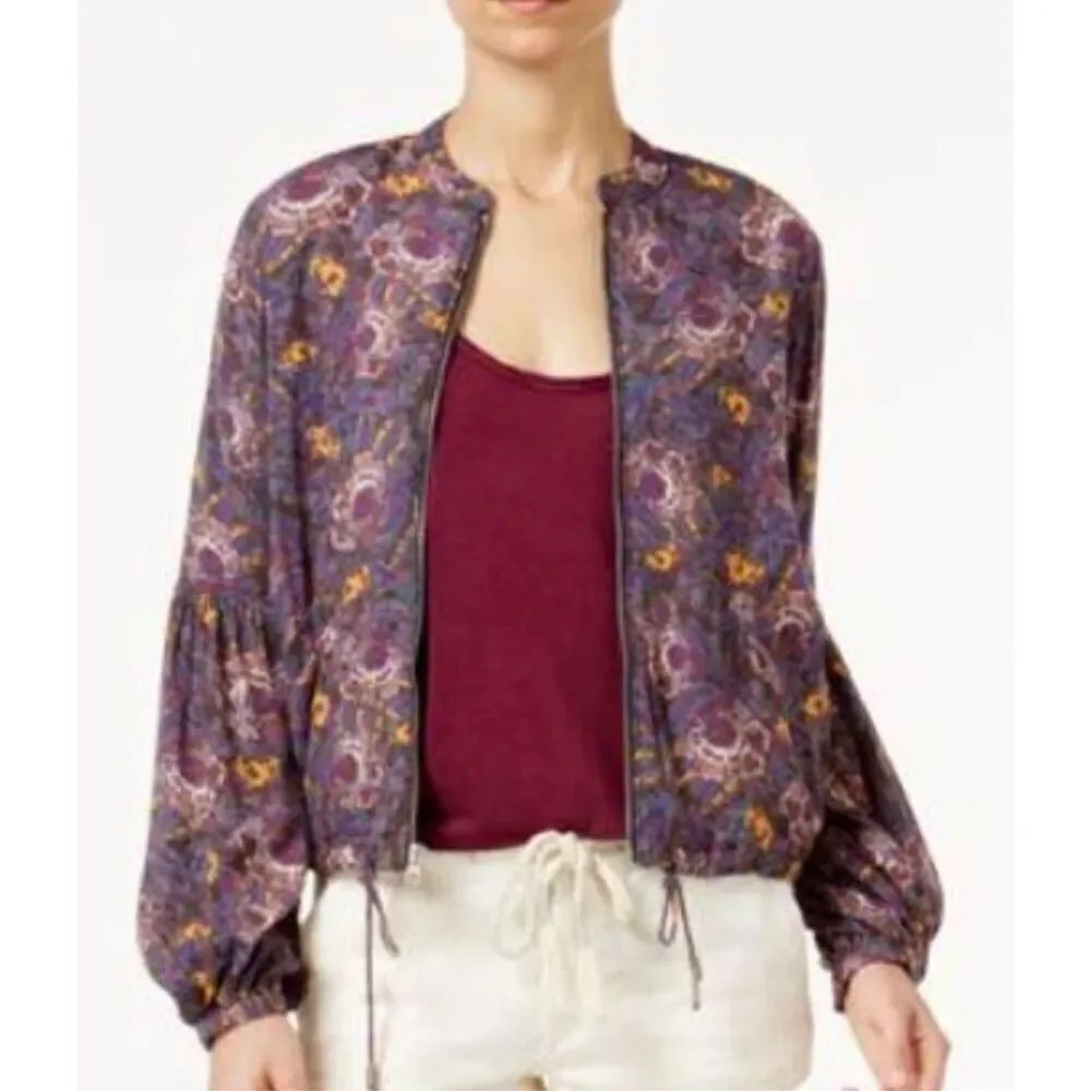 Free People Floral Full Zip Balloon Sleeve Boho Bomber Jacket Sz Medium